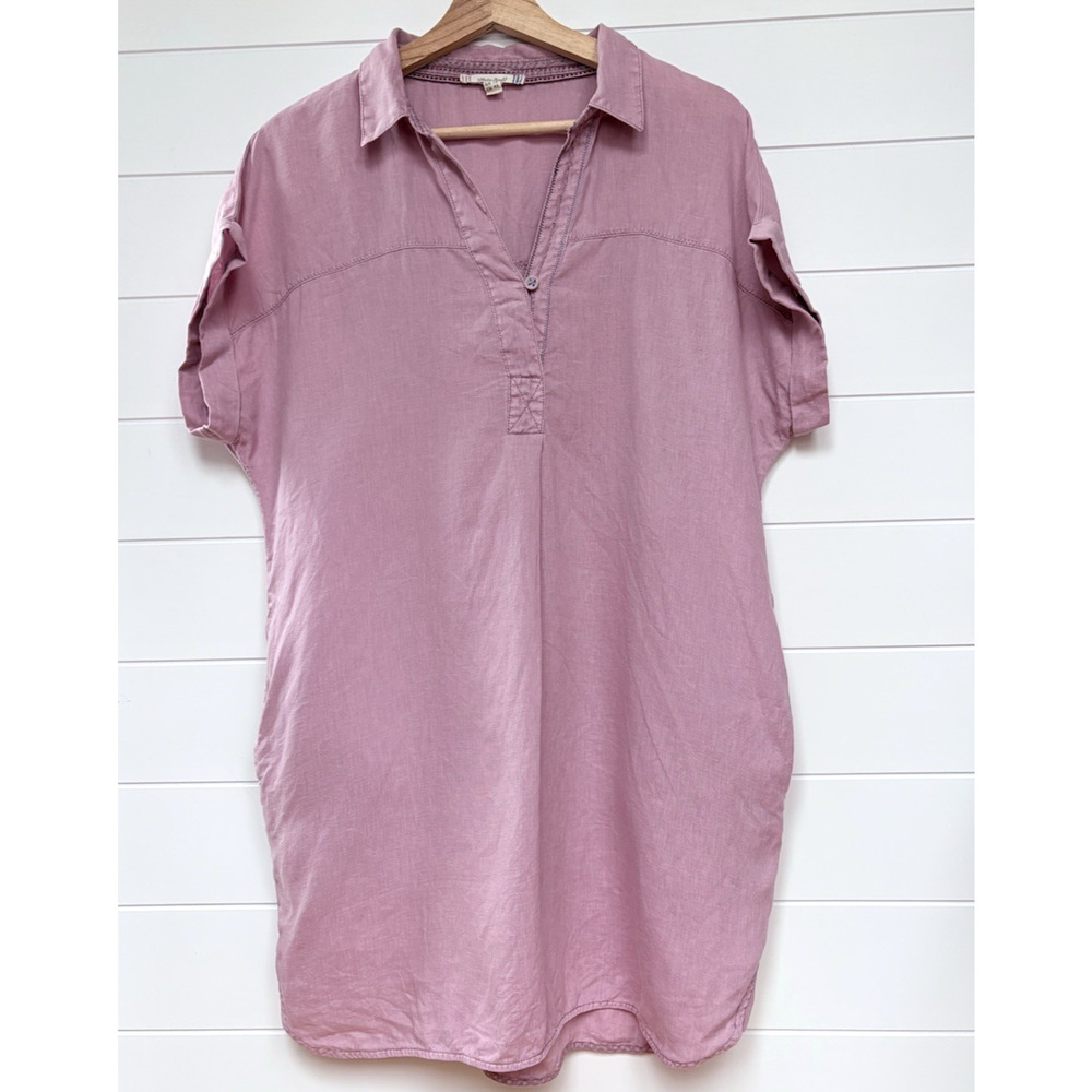 White Stuff 100% Linen Tunic Top Light Mauve Pink V-neck Collared Pockets Resort